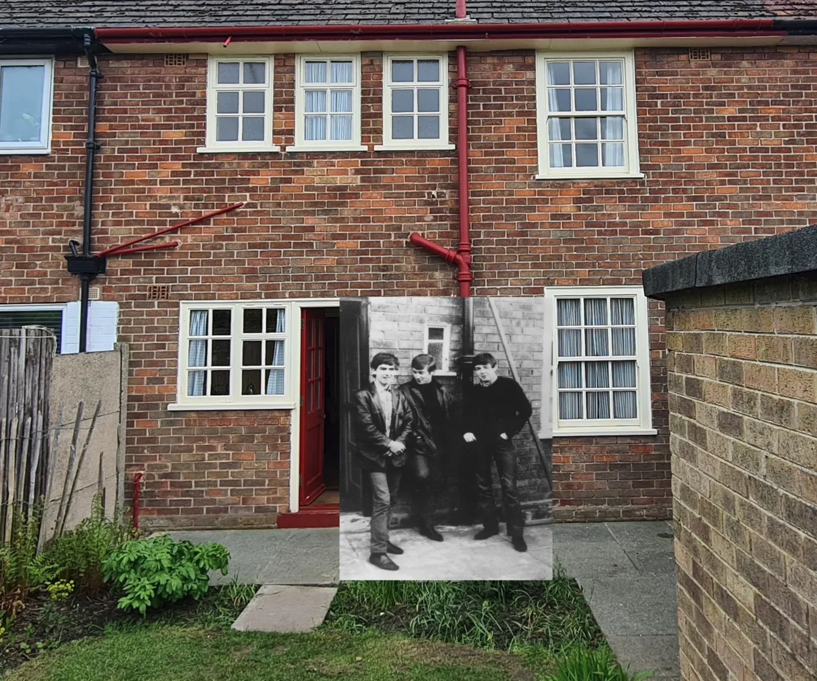Vintage photograph of the boys composited into a present-day photo of 20 Forthlin Road