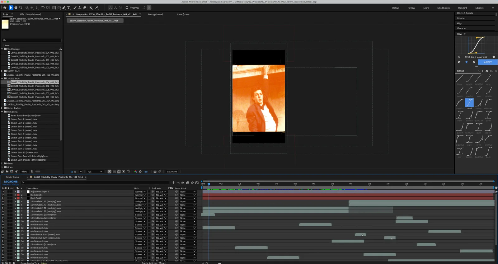 After Effects timeline of the Super 8 film-effect edit with stitched clips